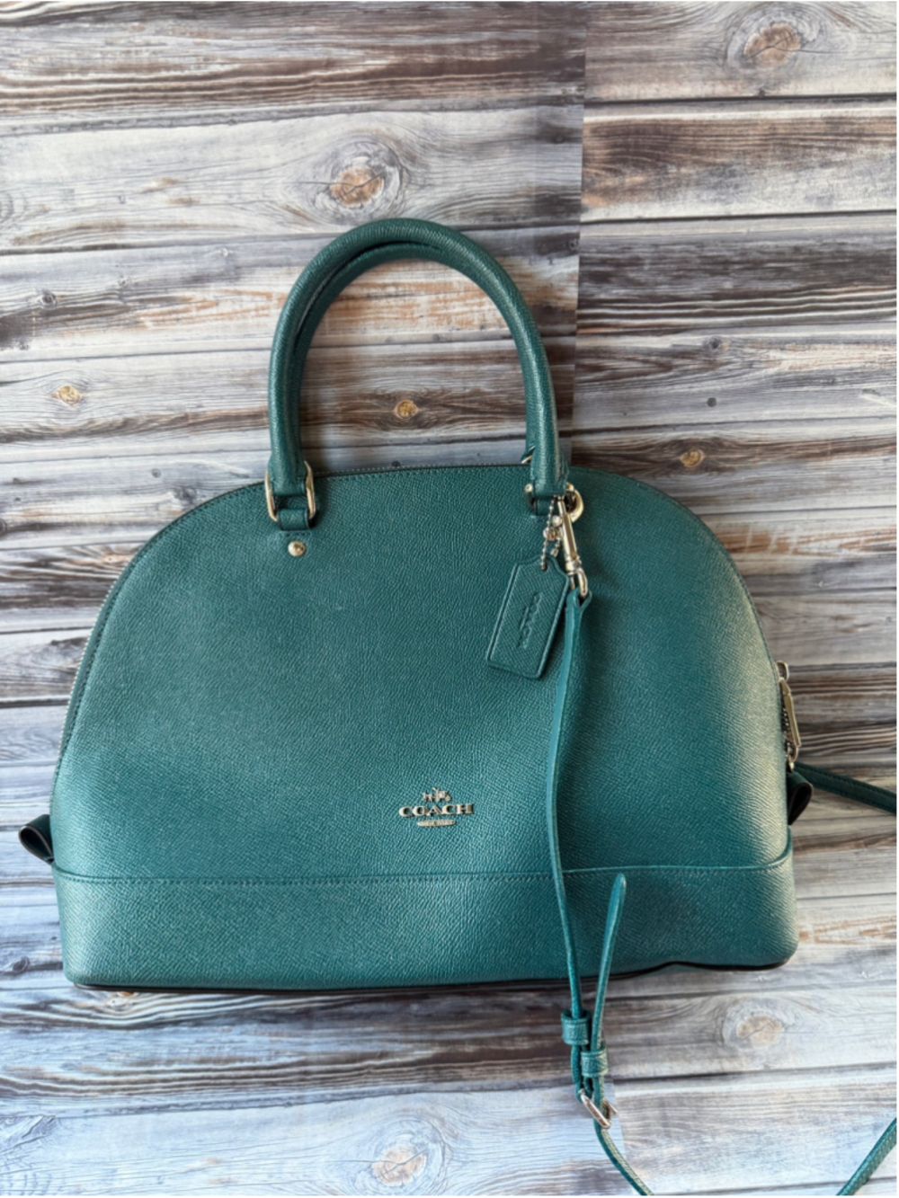 Coach Sierra Saffiano Leather Satchel Metallic Teal Blue structured bag purse